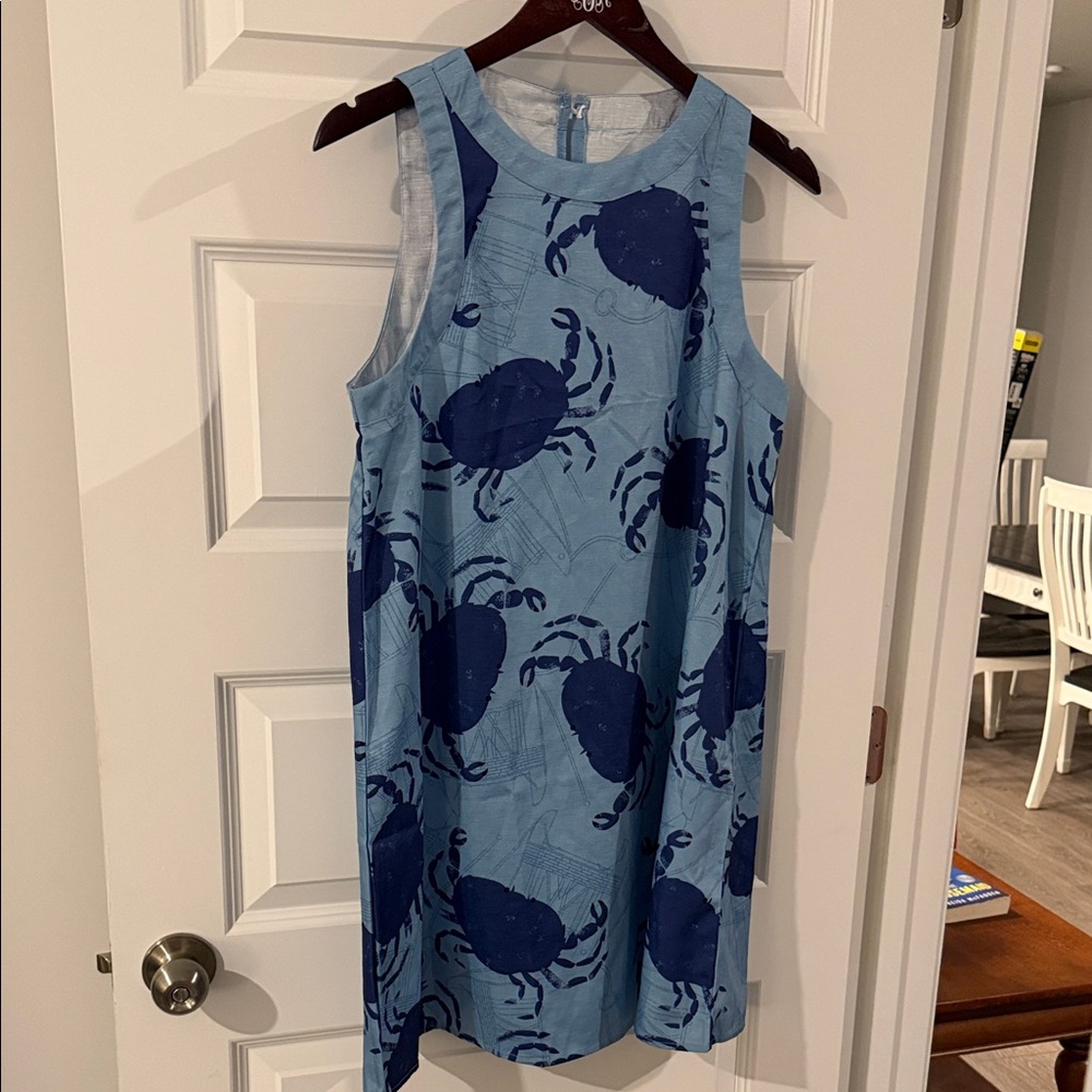Blue Crab Print Sleeveless Shift Dress with Button Neck Large - Picture 3 of 8